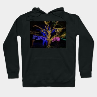 Peace, Joy, Love - night time photo of Texas holiday lights + live oak tree Hoodie